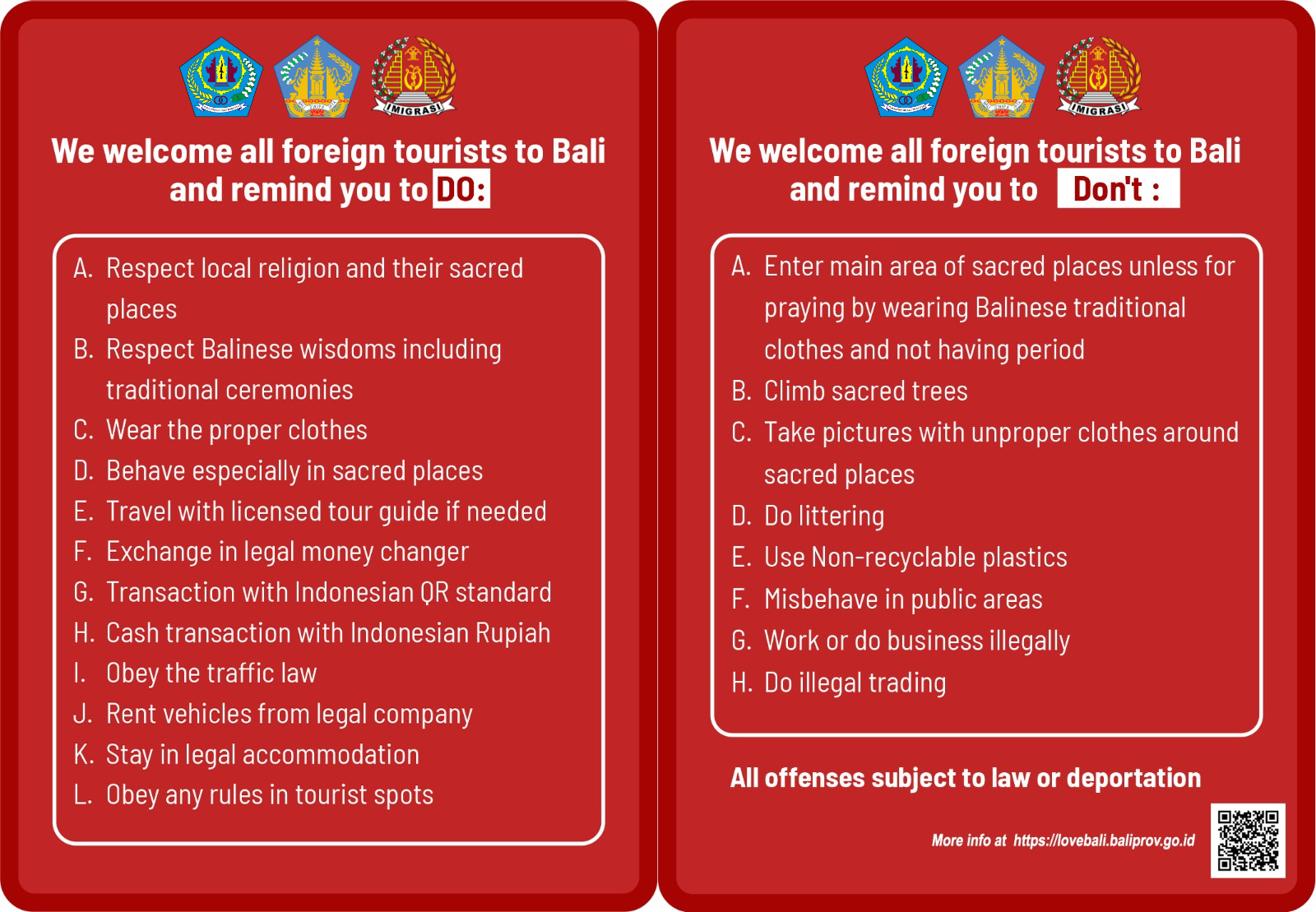 The Provincial Government of Bali issued an official “Do and Don't” card  for foreign tourist while in Bali - pariwisata.denpasarkota.go.id <br> [--]  denpasartourism.com